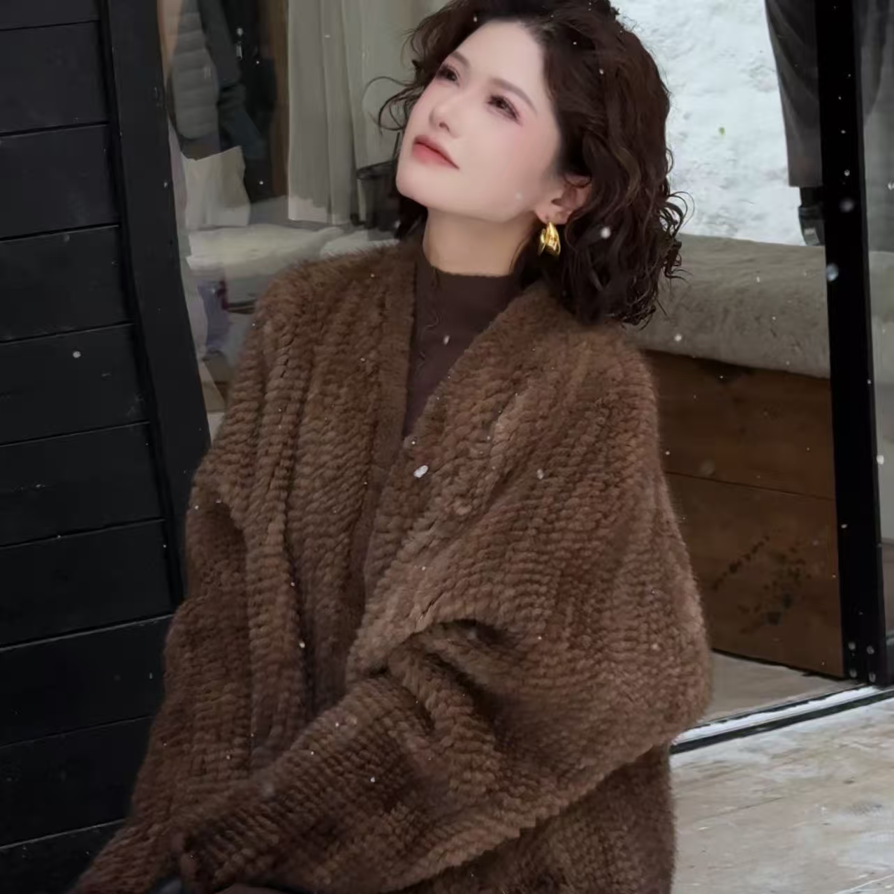 薇姐【奢绒双韵】Sister·WeV领蝙蝠袖宽松手工编织水貂皮草外套 S25