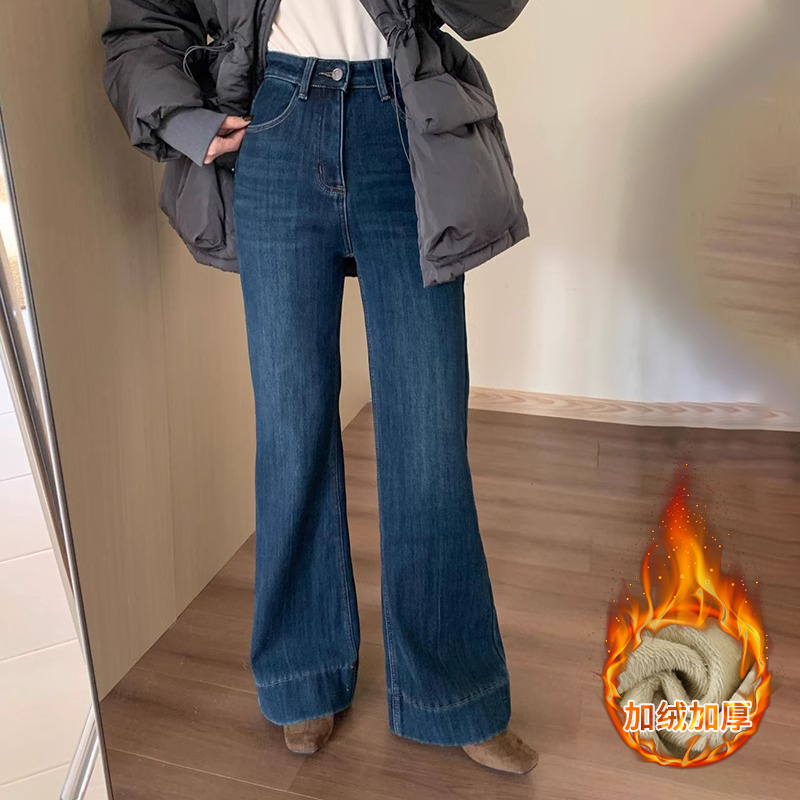 高腰复古蓝显瘦微喇叭牛仔裤女2025冬季加绒新款弹力显瘦拖地裤子