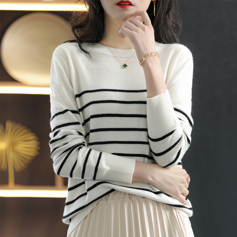 100%纯棉宽松女秋季毛针织衫流光风拼色女士衫圆领百搭