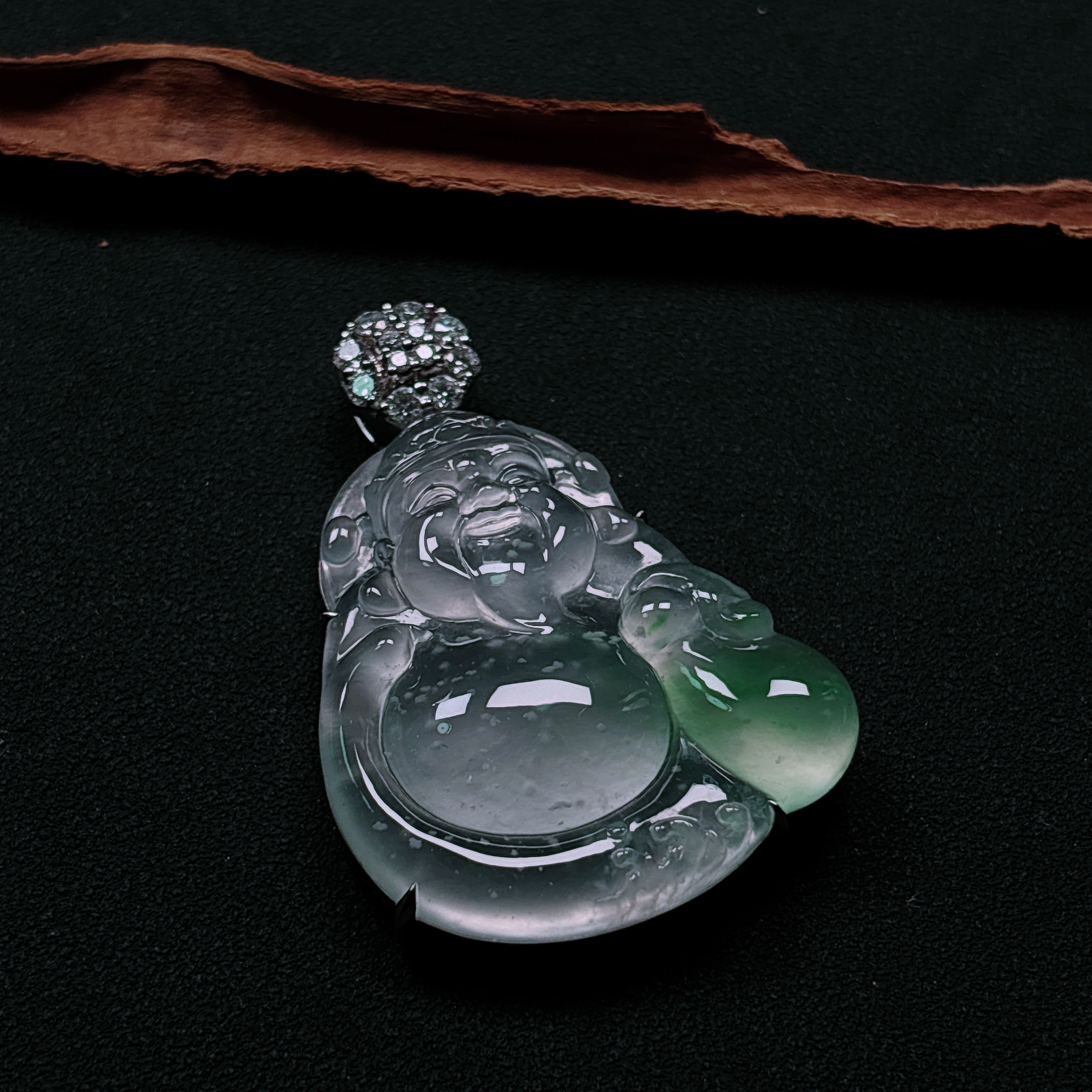 缅甸天然翡翠a货老坑种木纳料财神种好刚性足18k金钻镶嵌收藏精品