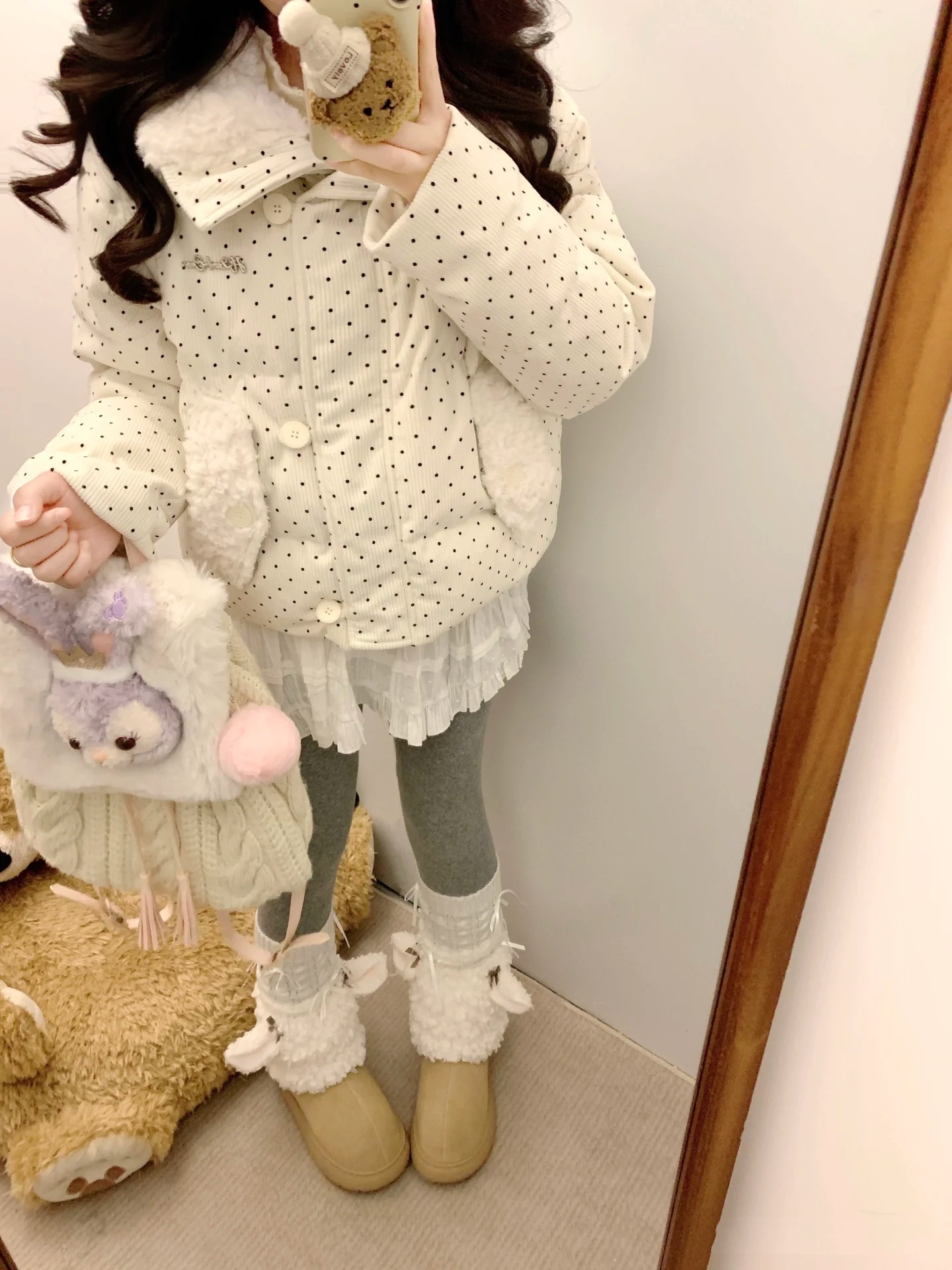 甜美温柔波点毛领学生棉服外套女冬季新款韩系奶呼呼加厚棉衣短款