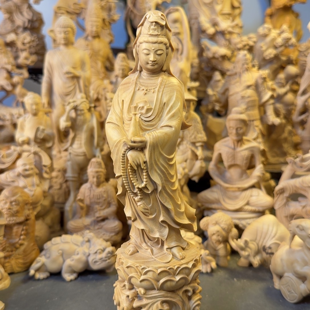 清***香黄杨木小叶黄杨木21高净瓶观音摆件