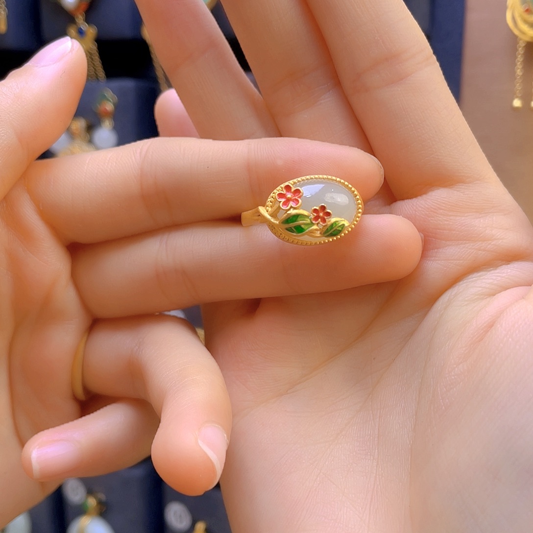 和田玉戒指银S925镀金镶嵌