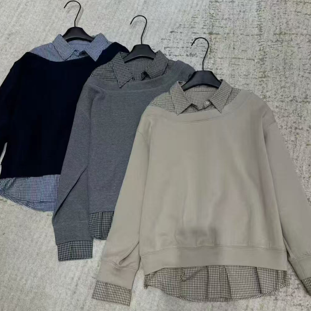 D50957南油高货假俩件拼接格子卫衣