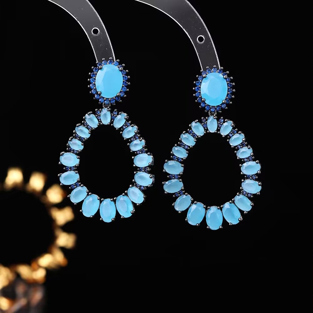 铜合金耳饰 《货号1565》夸张风蓝色石头耳环