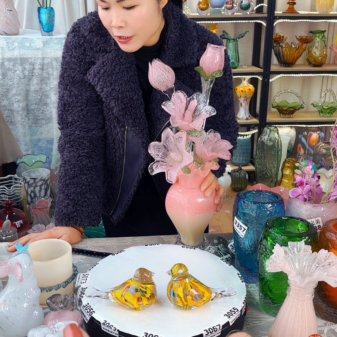 1对鸟家悦琉璃花器摆件冰纹不完美