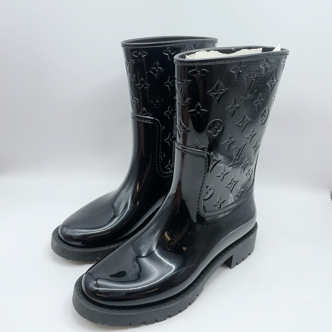 95新 LouisVuitton/路易威登 36码女士黑色老花雨靴my032
