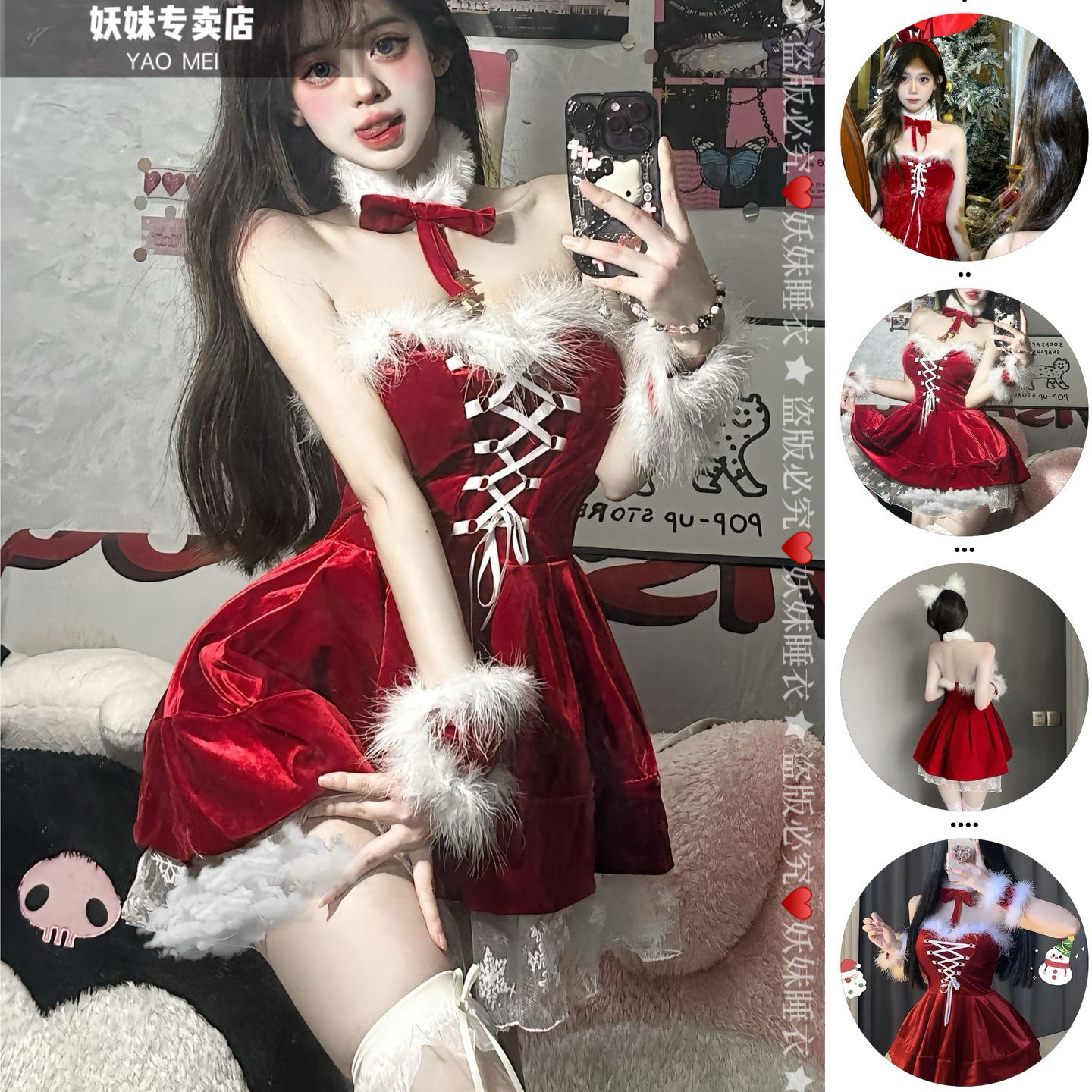 新年红连衣裙女性感秋冬丝绒抹胸裙红色喜庆圣诞裙公主少女