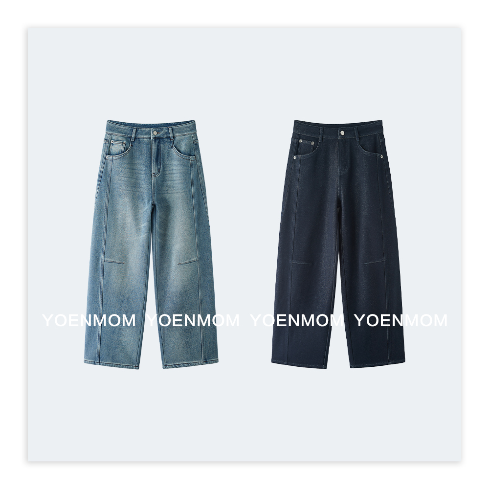 YOENMOM·勋章·复古水洗棉立裁解构斜线分割加厚牛奶绒百搭牛仔裤