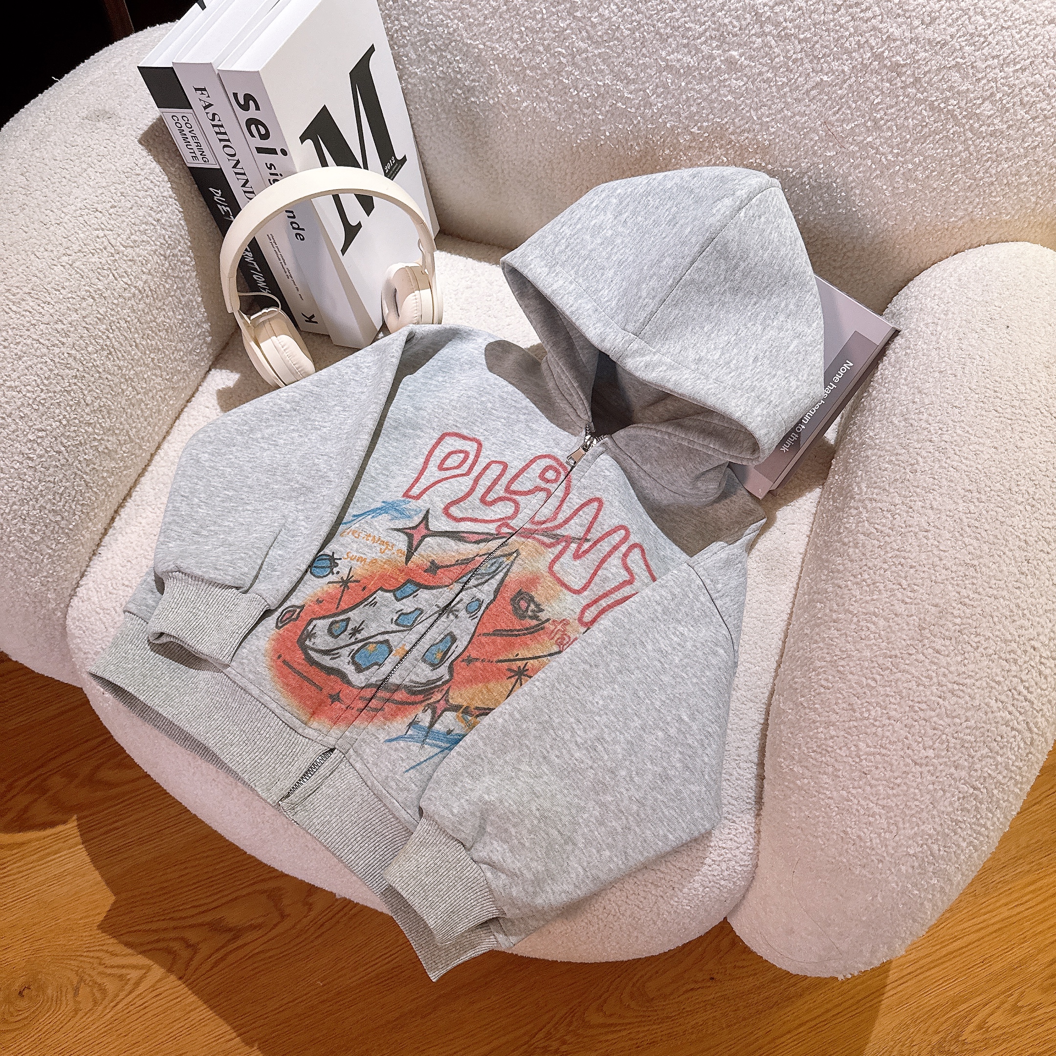 【重磅来袭】儿童美式复古连帽卫衣外套植绒渲染印花男童外套潮酷