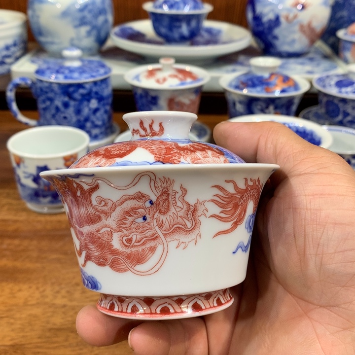 自成堂柴窑青花双龙杯