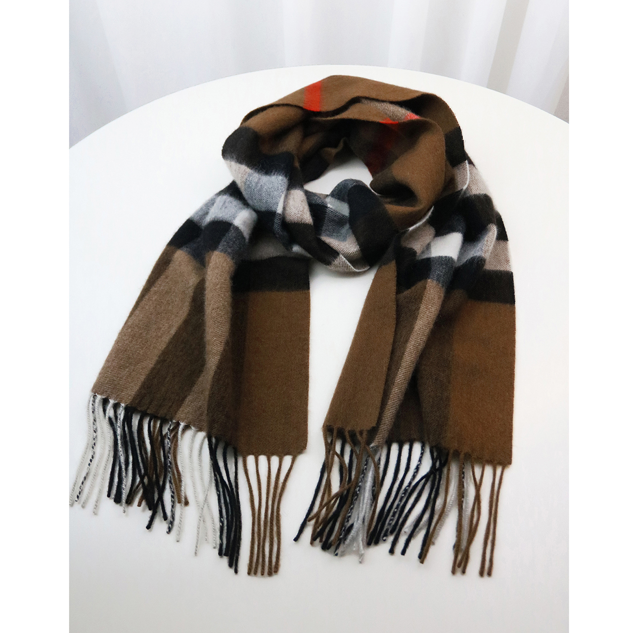 冬季纯山羊绒焦糖色水波纹格子流苏围巾保暖美拉德英伦洋气百搭