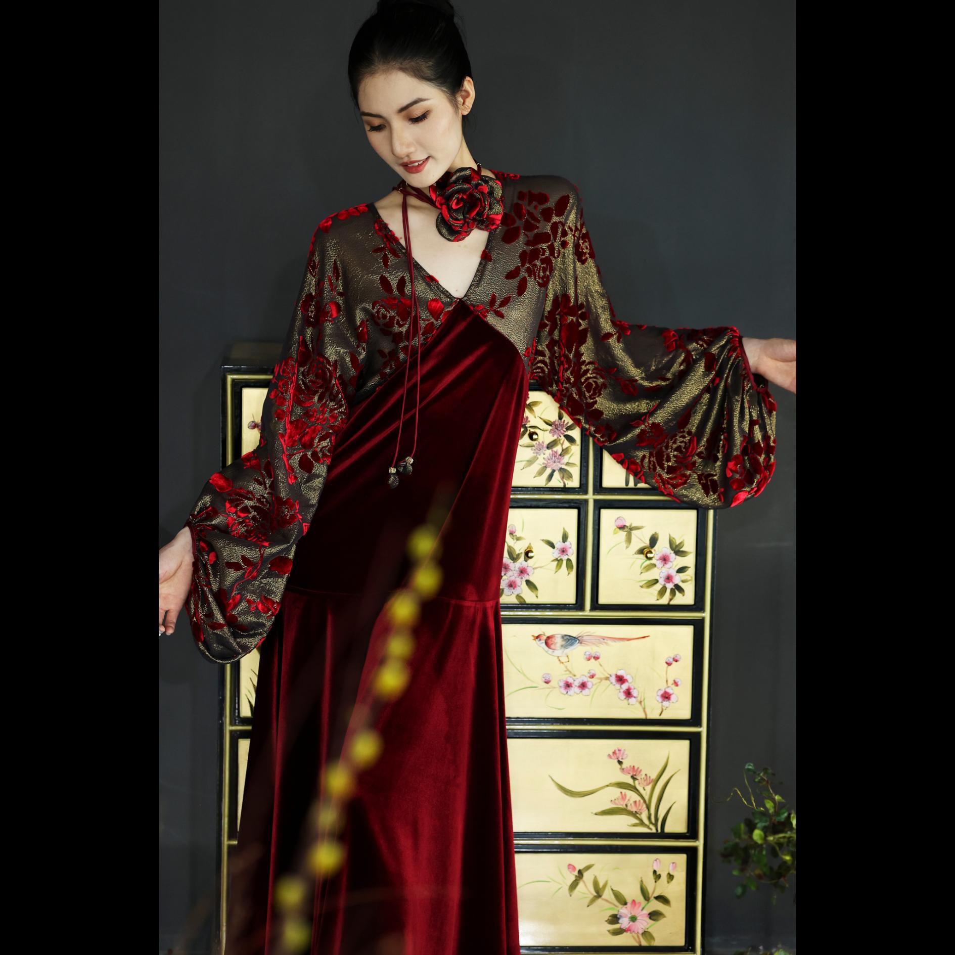 【望奢·假期】XM轻奢小众法式财阀千金气质优雅晚宴烧花长款连衣裙