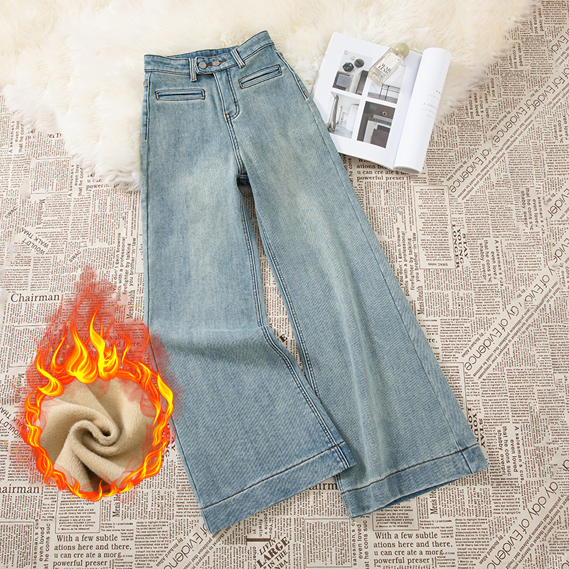 JL9768单裤/加绒浅色高腰阔腿微喇牛仔裤女2024年秋季新款宽松