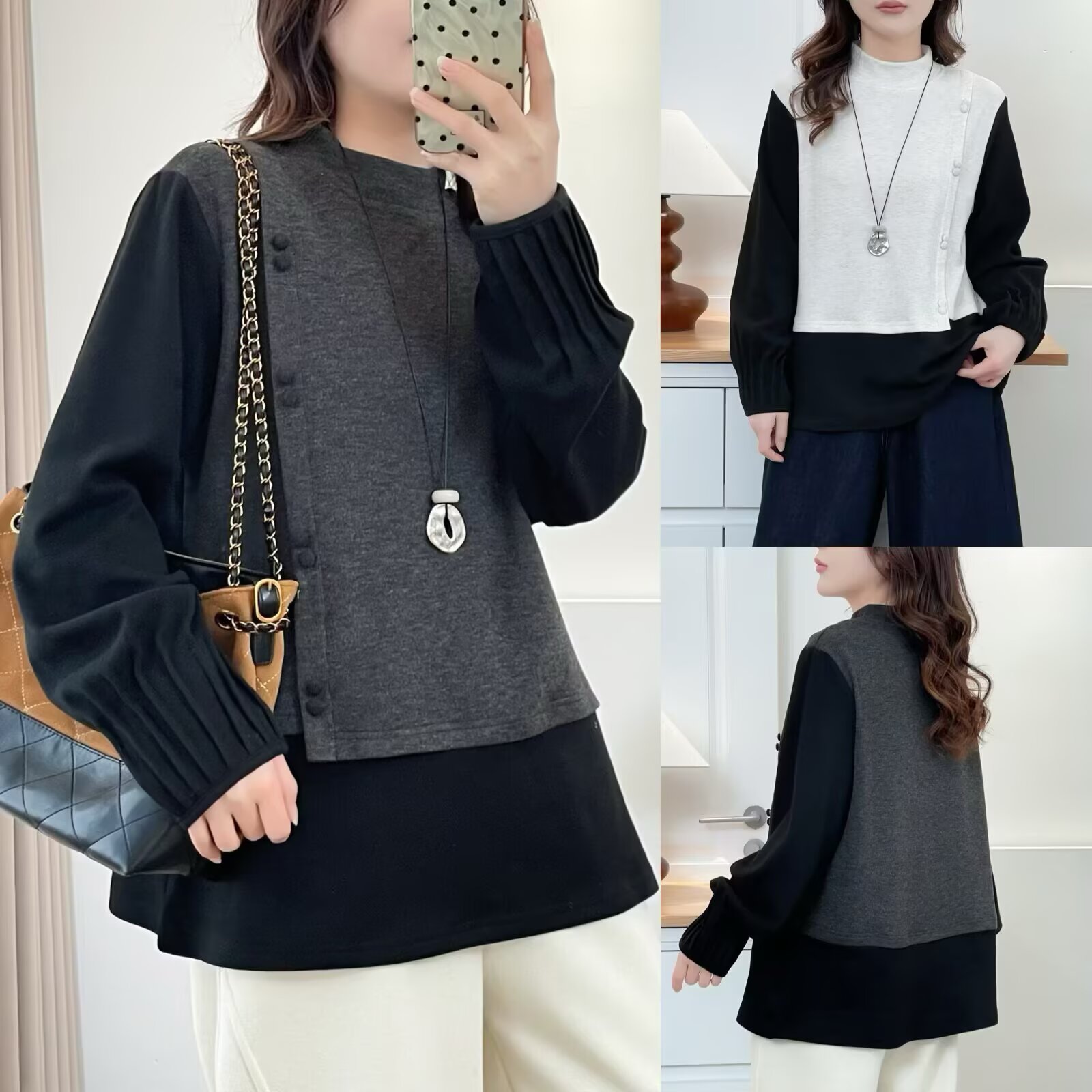 JIANAOBEN/简澳本大码洋气显瘦宽松设计感假两件加厚长袖打底上衣