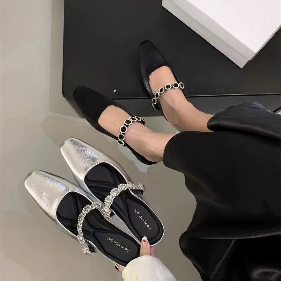 真皮法式方头内增高水钻气质时尚百搭夏季玛丽珍包头半拖2132-21