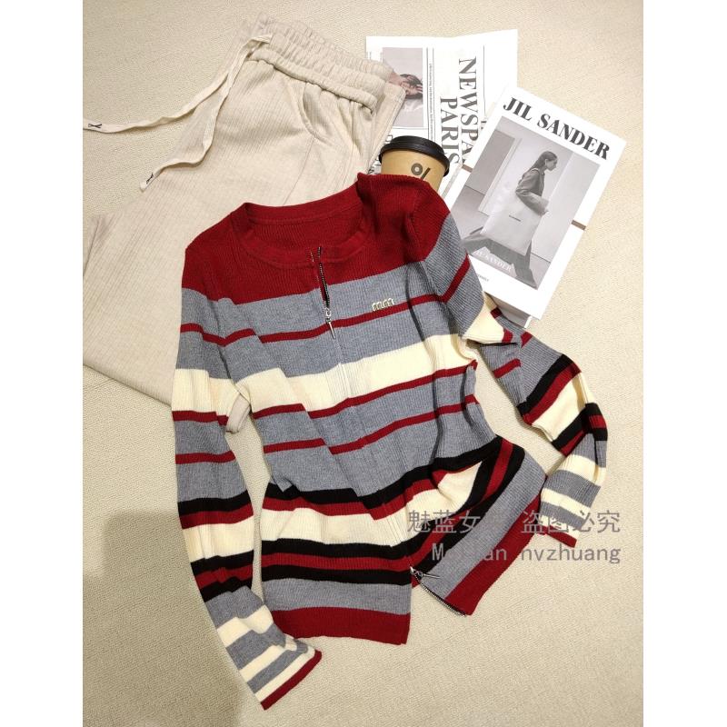 原搭时尚条纹针织衫2025年春新款时尚百搭修身显瘦上衣女QX88460