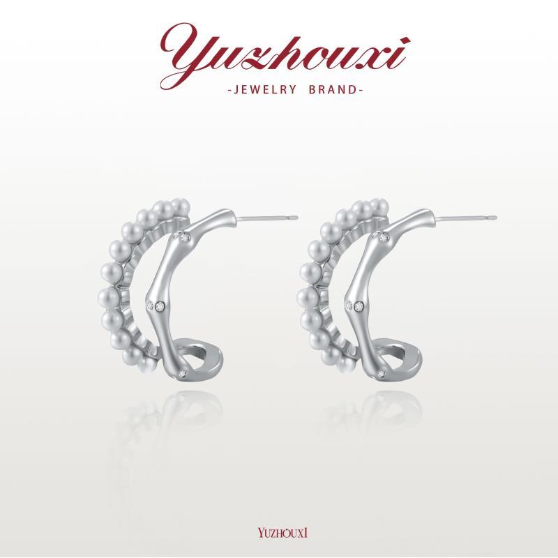 铜合金仿珍珠耳饰 U4-019/金属竹节双圈小米珠c子耳钉耳圈