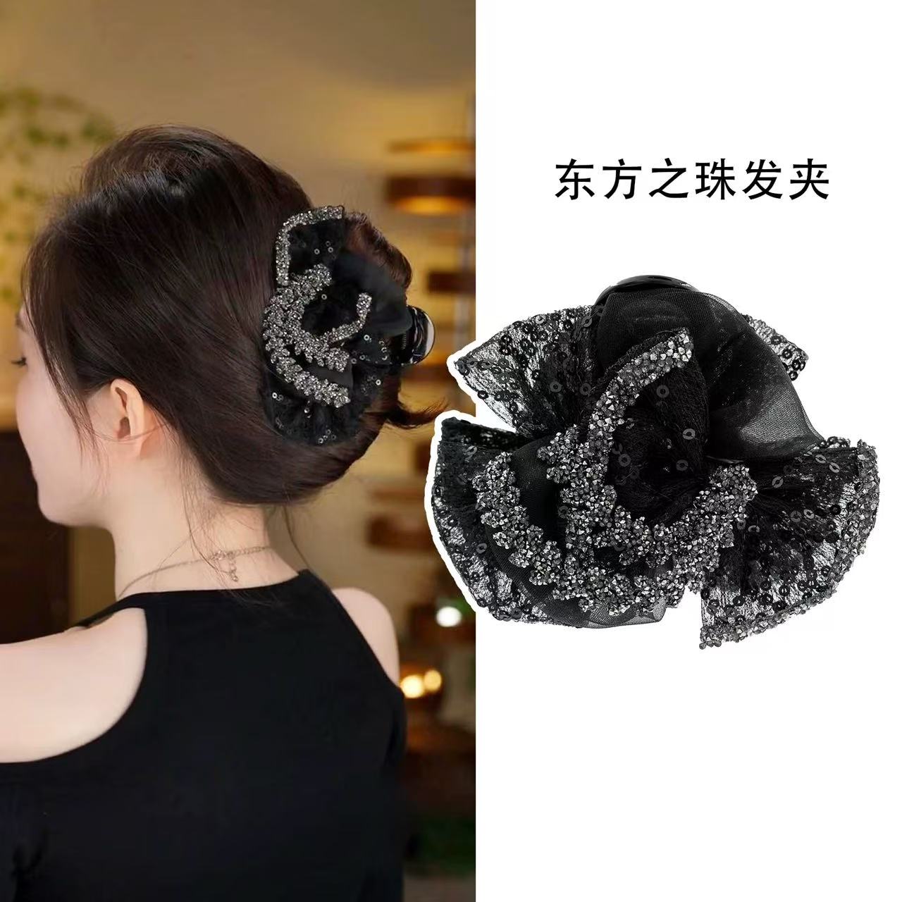 东方之珠发夹女时尚欧根纱蝴蝶结鲨鱼夹蓬松显发量抓夹头饰3526