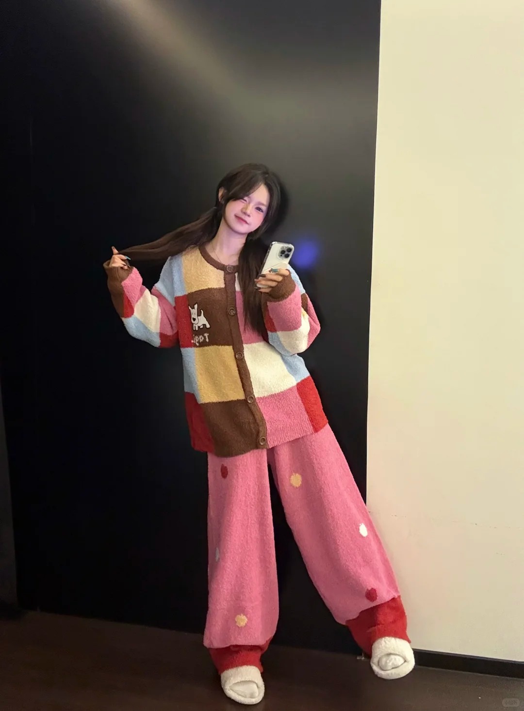复古格子拼接休闲半边绒针织开衫睡衣女冬季加绒加厚保暖舒适套装