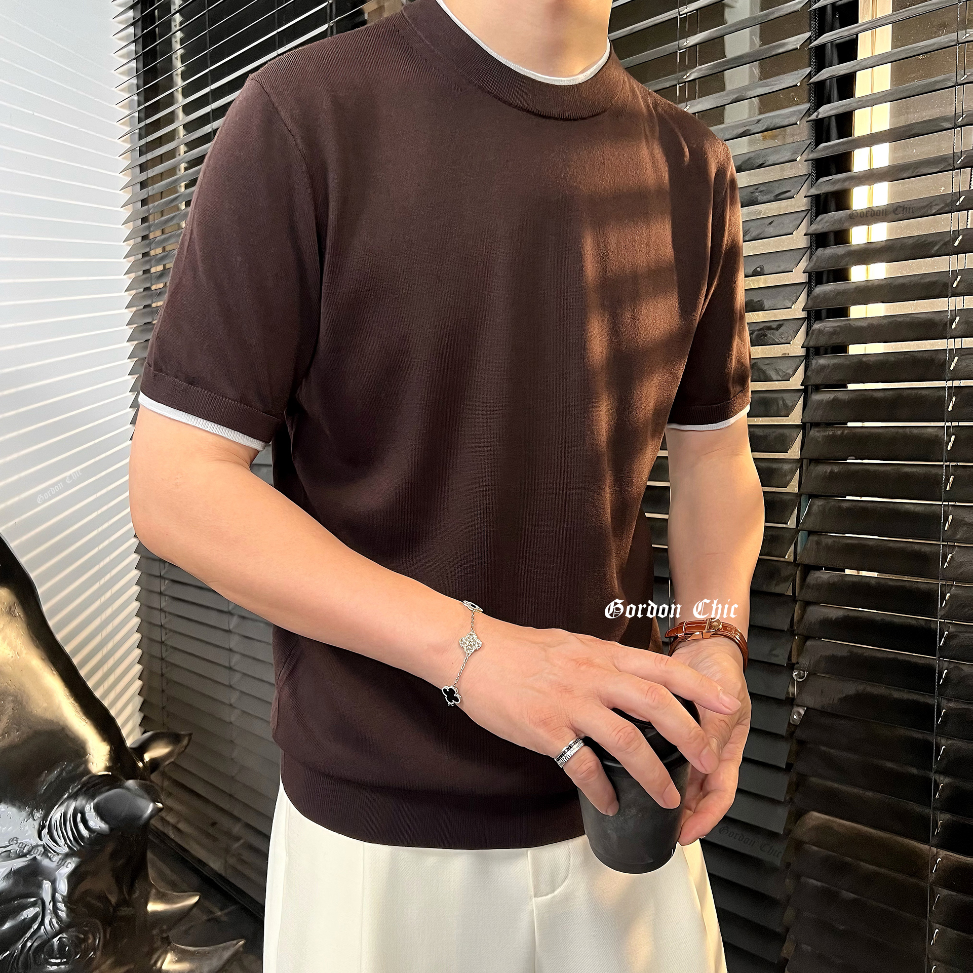 GordonChic 秋冬男士纯羊毛圆领内搭T恤短袖羊毛衫上衣25289