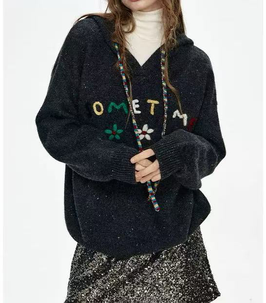 重工手绣山9302连帽点子纱字母绣冬季加厚宽松休闲针织衫毛衣女