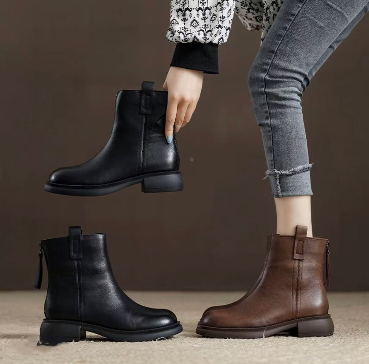 W1911-1女单靴秋冬季新款加绒短靴英伦风切尔西靴 薄绒