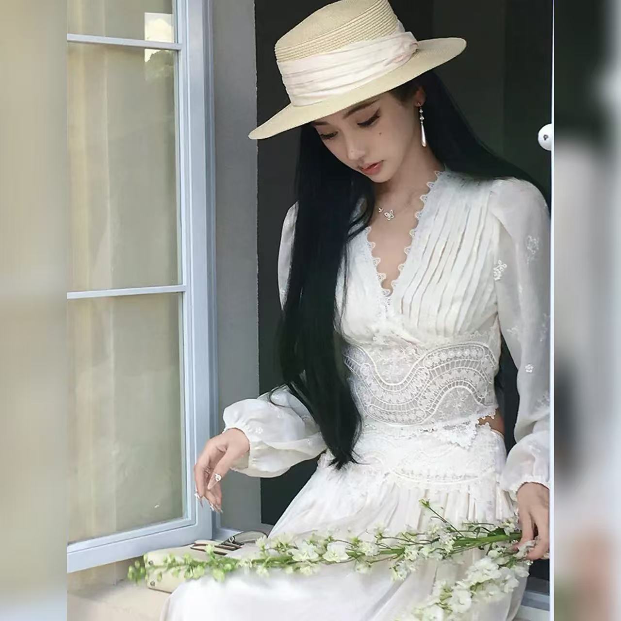 法式长袖蕾丝雪纺衫上衣/优雅拼接半身长裙套装