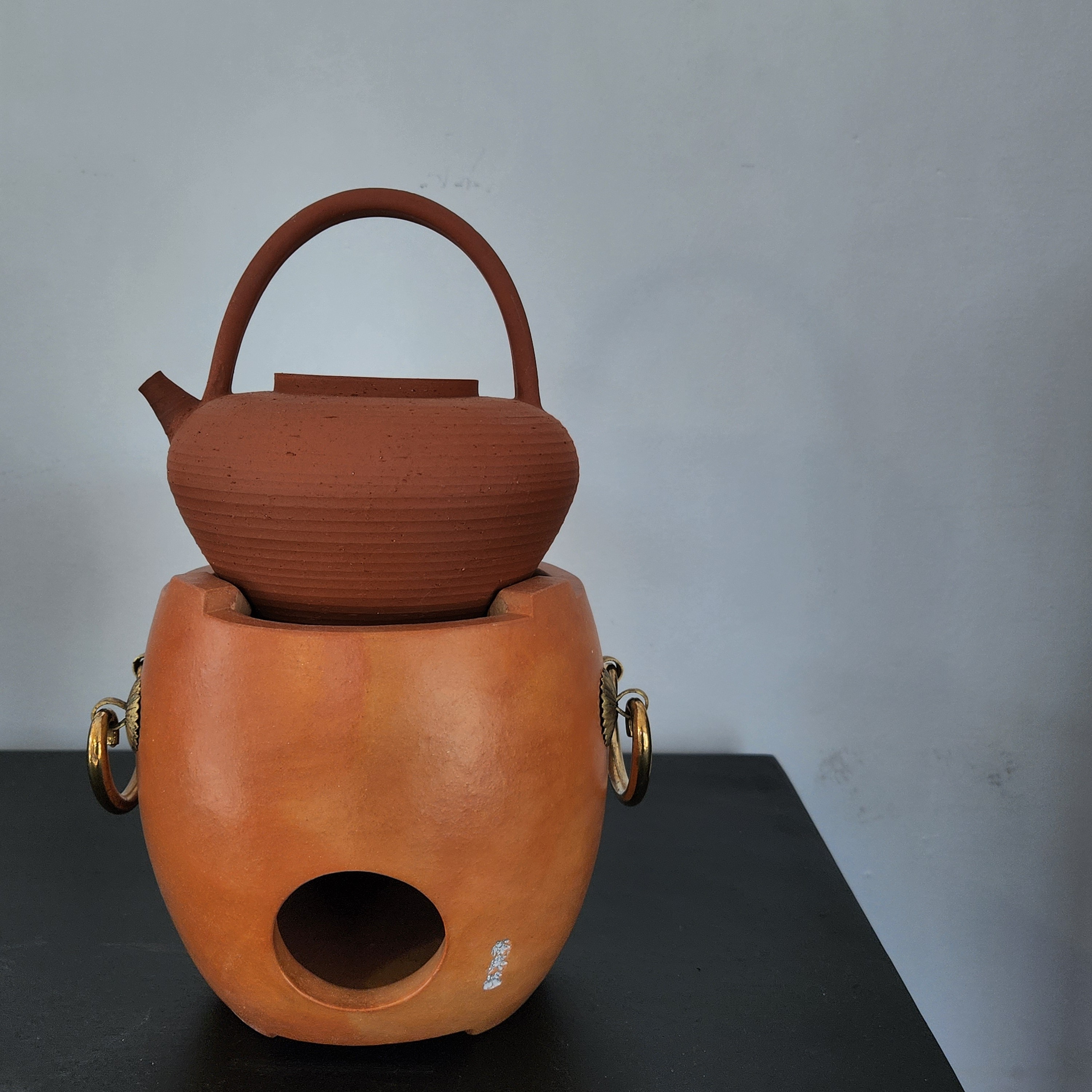 【云山茶语】裕兴号铜耳鼓炉鸡蛋黄调砂提梁壶煮茶壶工夫茶炉套装