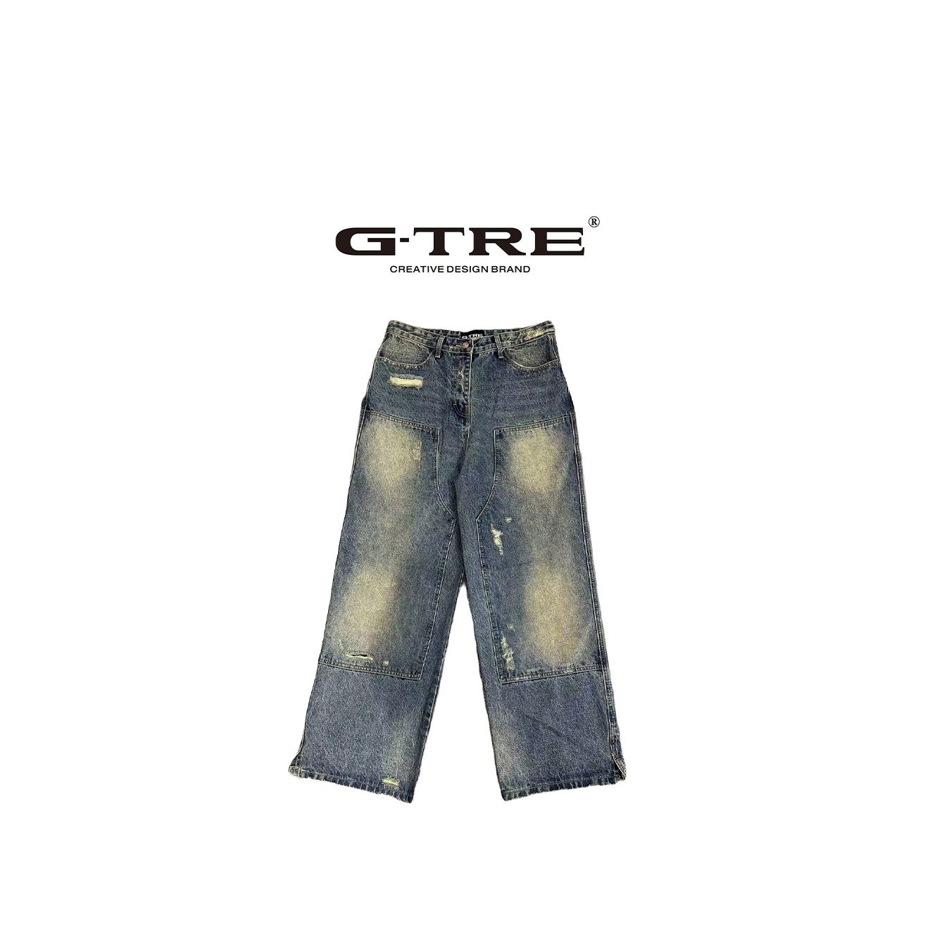 G-TRE 黄泥磨破水洗破洞牛仔裤小众设计拼接宽松直筒休闲男女同款
