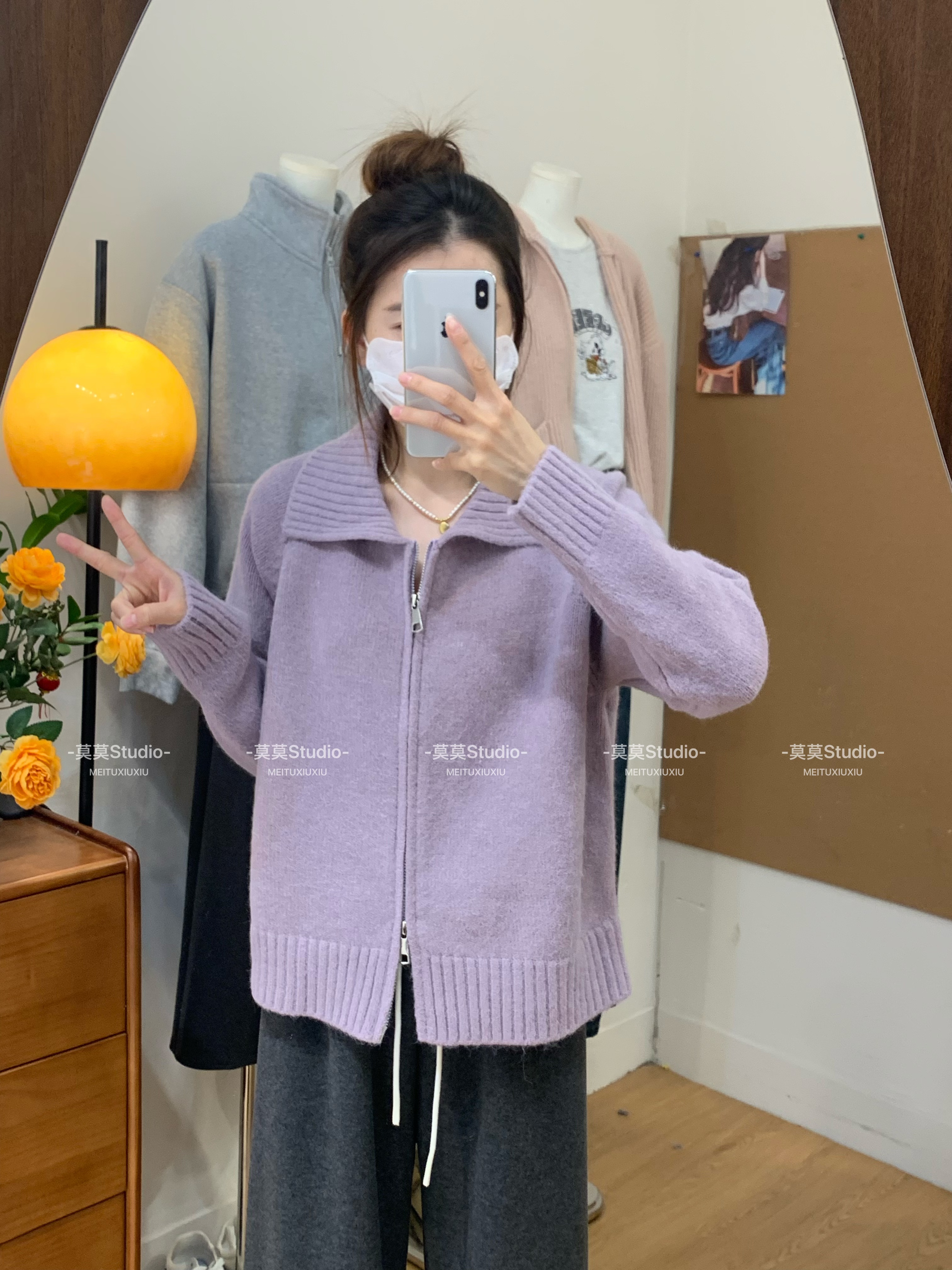 632高级感时尚翻领双拉链针织开衫女秋冬新款纯色百搭毛衣外套