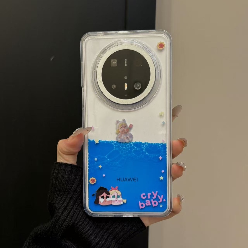 适用华为mate70pro手机壳苹果16pro韩系可爱蓝色液体流沙泳圈哭娃