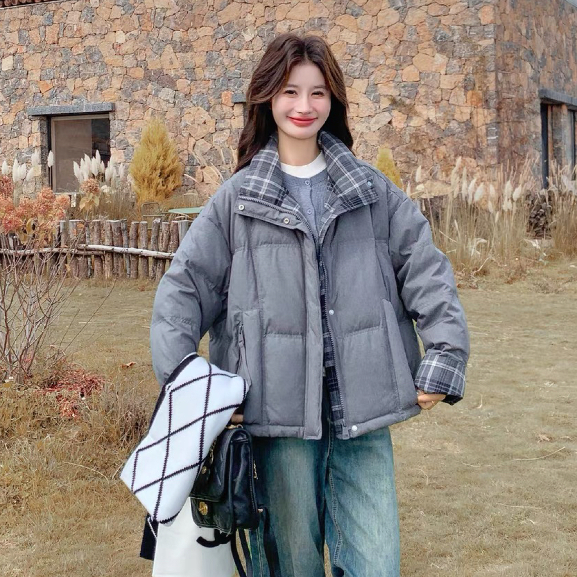 3228立领格子拼接两侧拉链口袋加厚外套