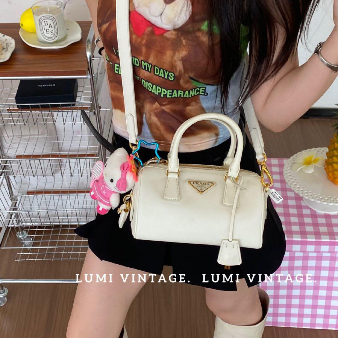 95新 Prada/普拉达 新款白金十字纹牛皮波士顿单肩包86796889