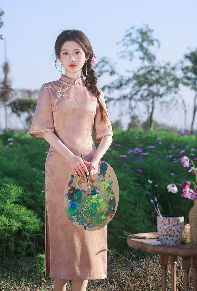 纯色中袖日常长裙低开衩立领年轻款旗袍中国风春夏夏季优雅中长款