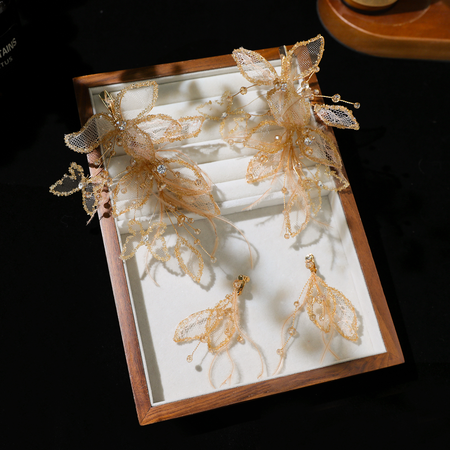 BH6977香槟色新娘头饰韩式古风婚礼森系羽毛气质套装边夹