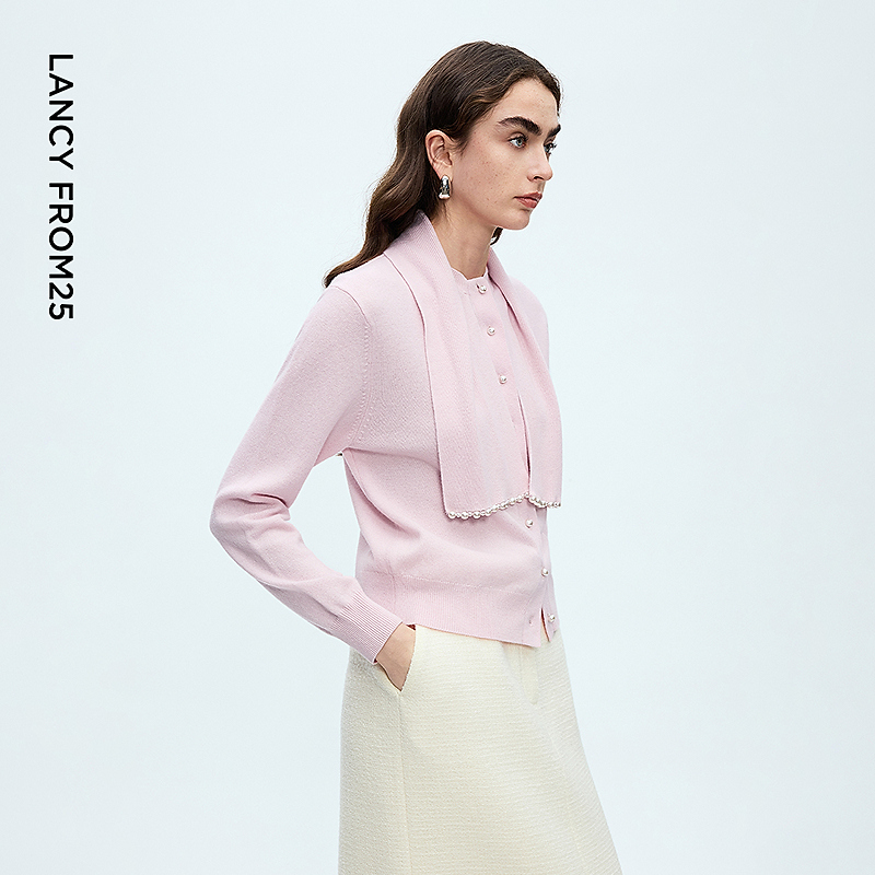 朗姿纯羊毛围巾领优雅短款针织衫设计感毛衣女2025年冬季新款