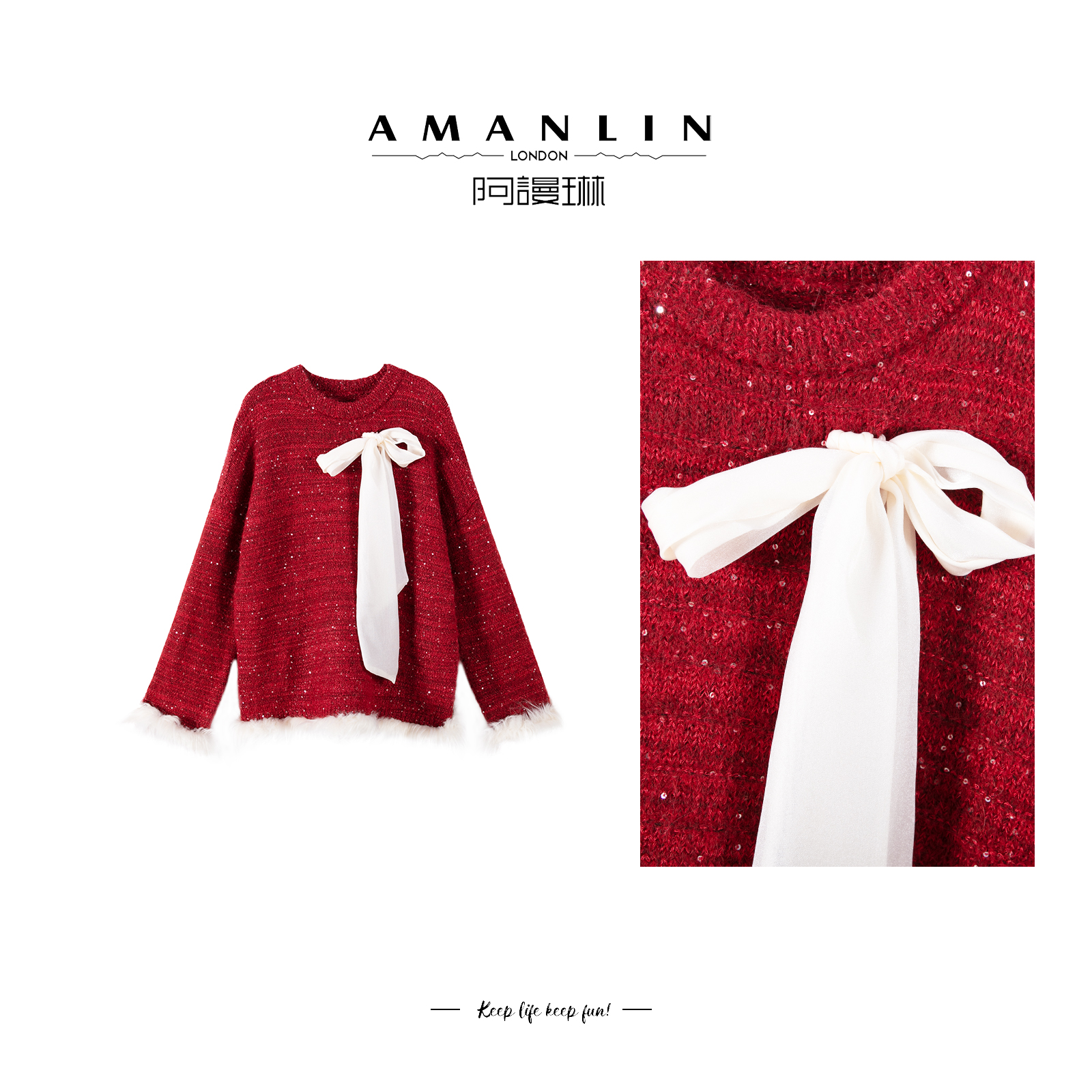 冬季穿搭绑带圣诞节红色圆领毛衣套头上衣百搭F595255