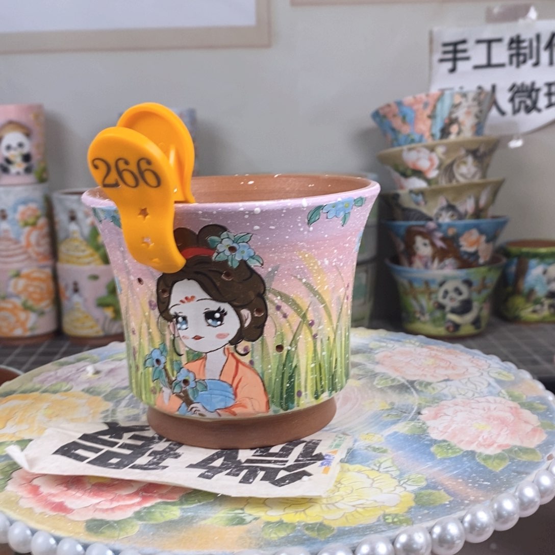 紫砂花盆红陶手绘花盆