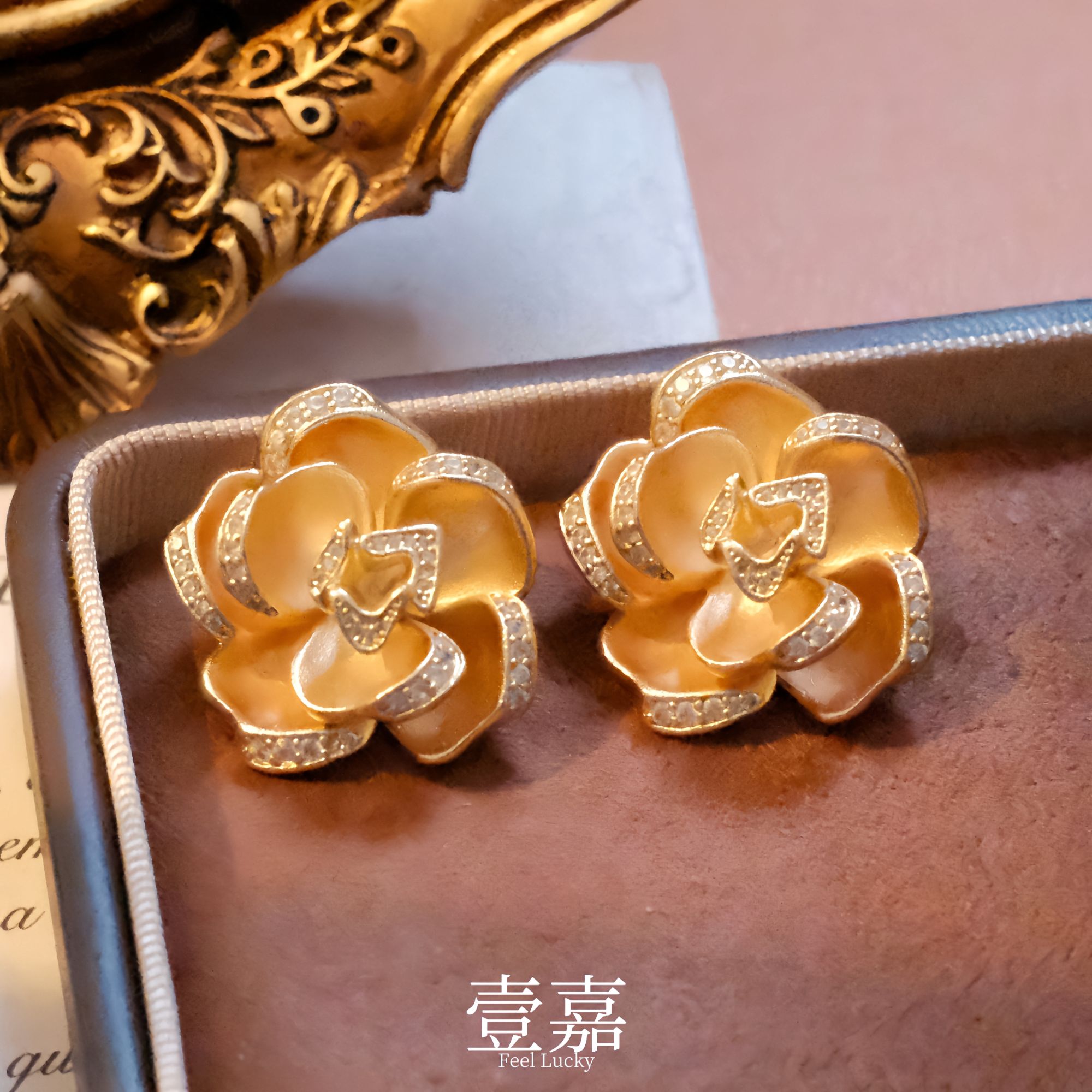 黄铜合成锆石耳饰 壹嘉黄铜耳饰中古风重工立体玫瑰花耳钉YJ07