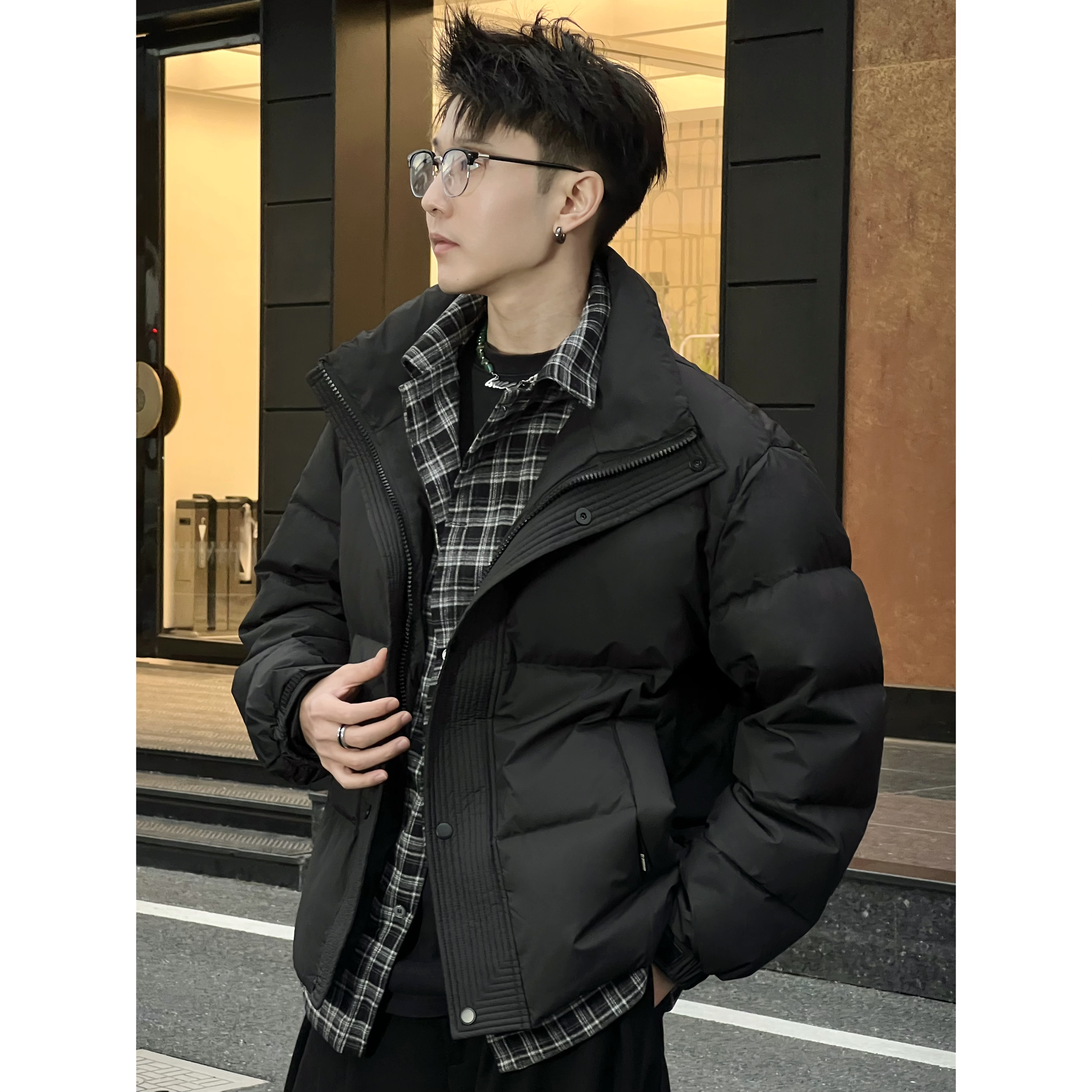 白鸭绒衬衫格子假两件男士短款百搭潮流冬季羽绒服2866