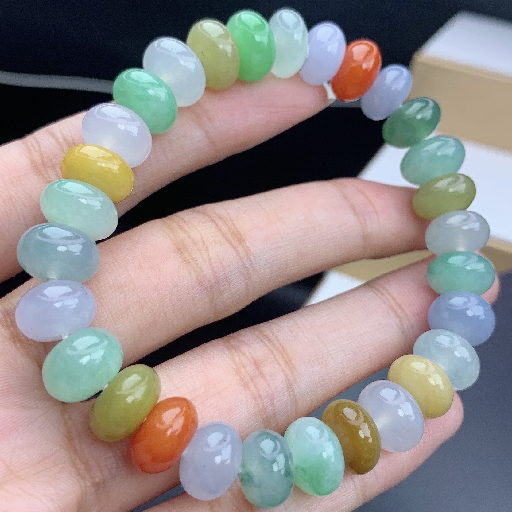 四会 缅甸A货翡翠冰多宝马卡龙多色鼓珠手链手串T/9.6-10.7mm