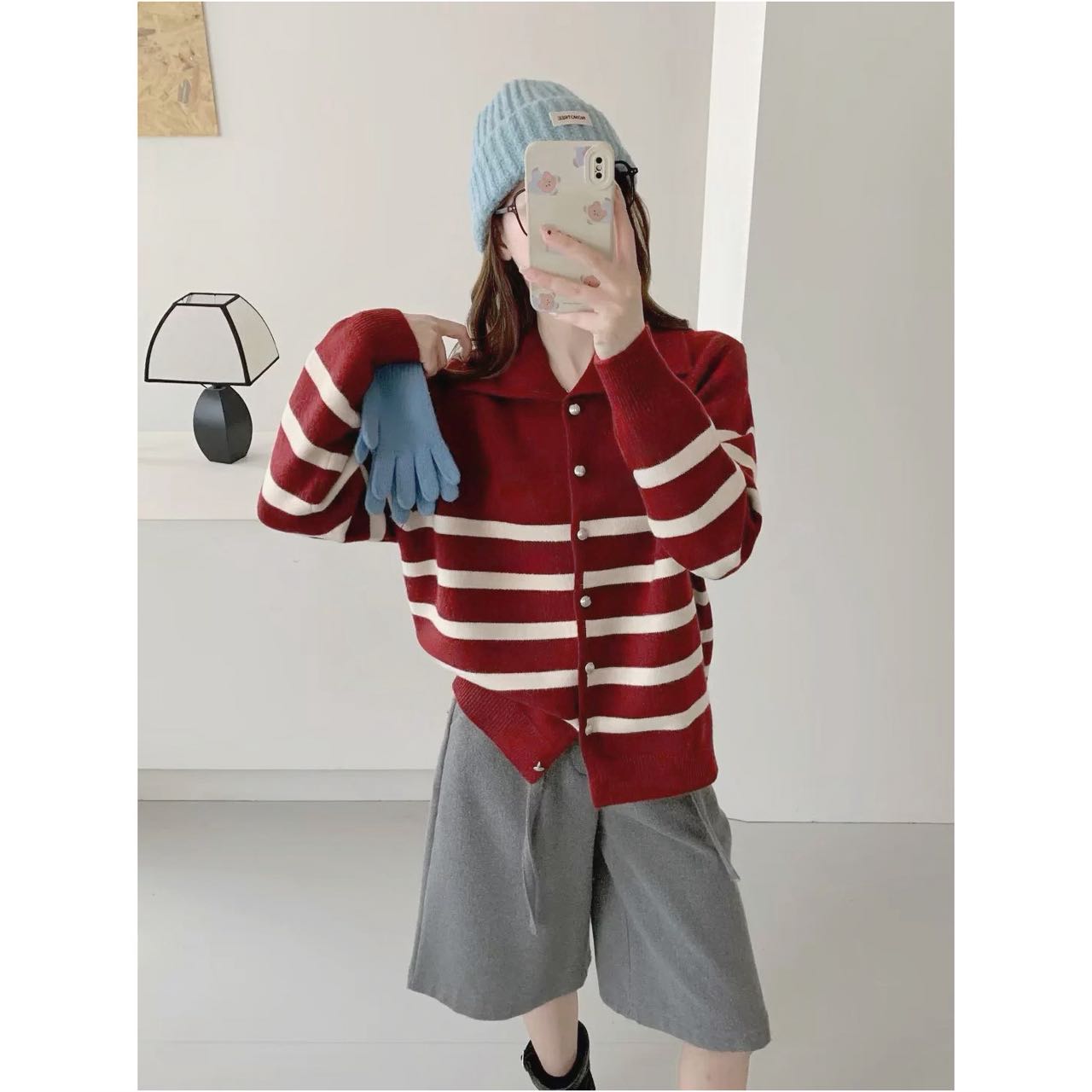 韩版小众条纹撞色设计感开衫时尚减龄学院风长袖毛衣女83067#0.1