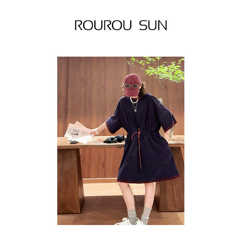 27515撞色抽绳收腰显瘦百搭T恤女中长款