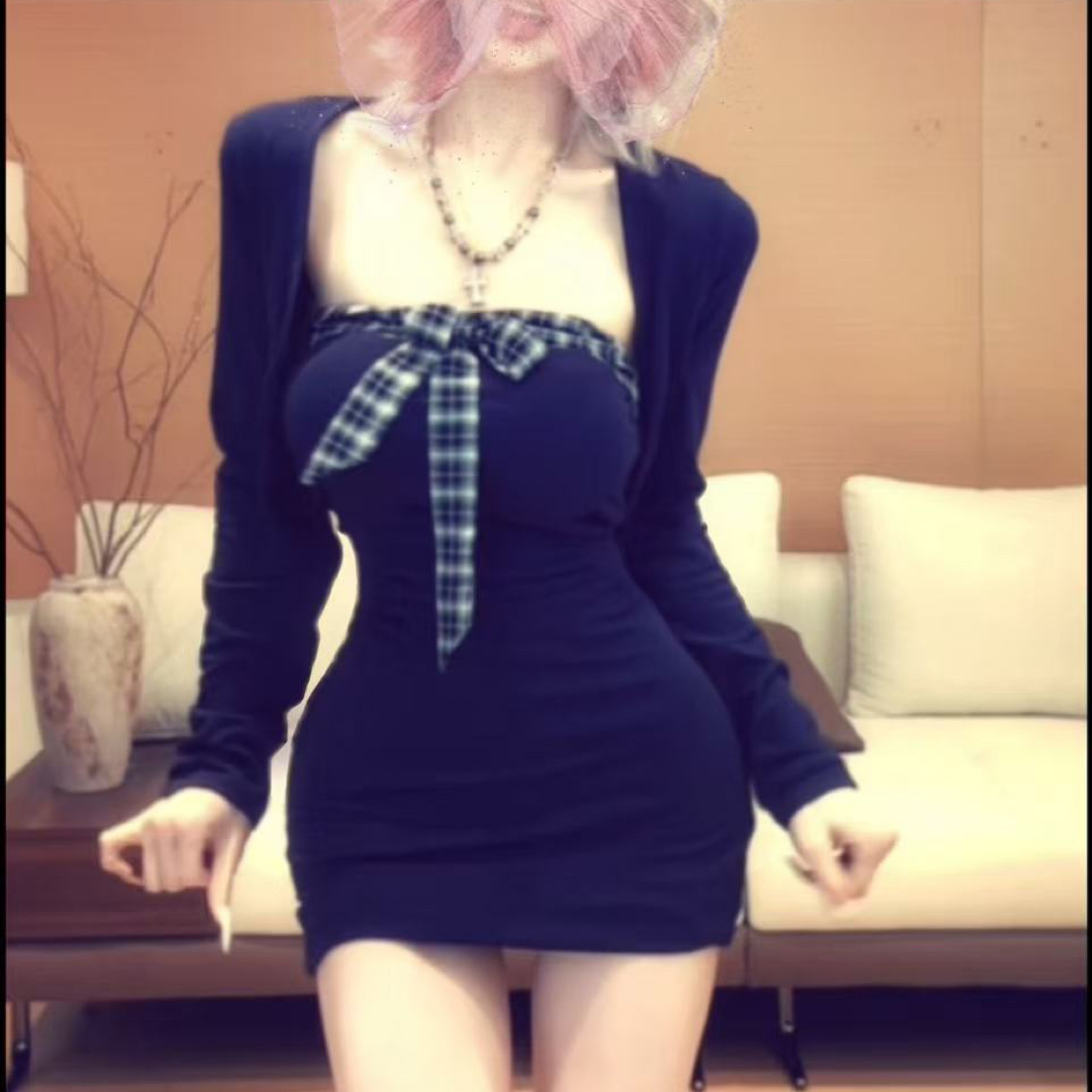 【综格漫步】辣妹显瘦小众性感气质加磨毛领带抹胸裙长袖开衫三件套