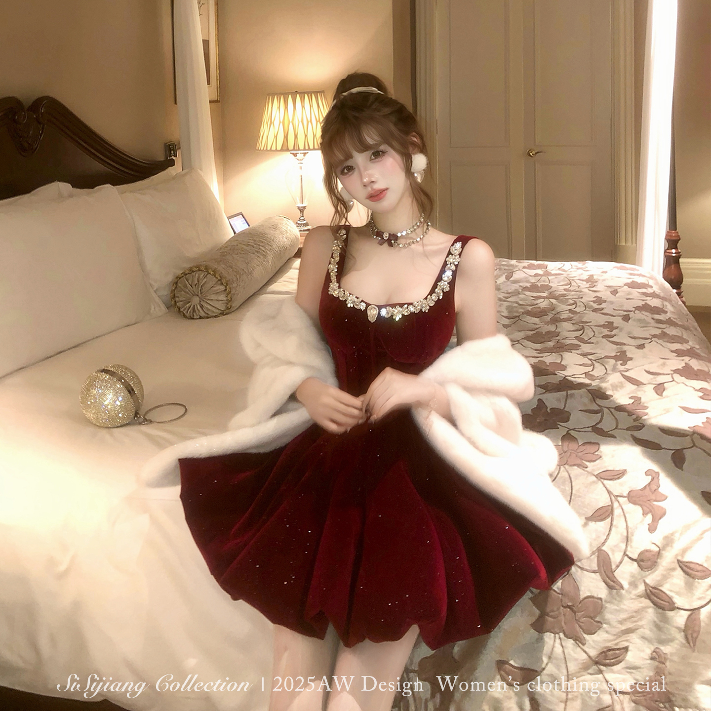 SISI JIANG"新年战袍"法式千金红色丝绒水钻收腰气质蓬蓬裙连衣裙
