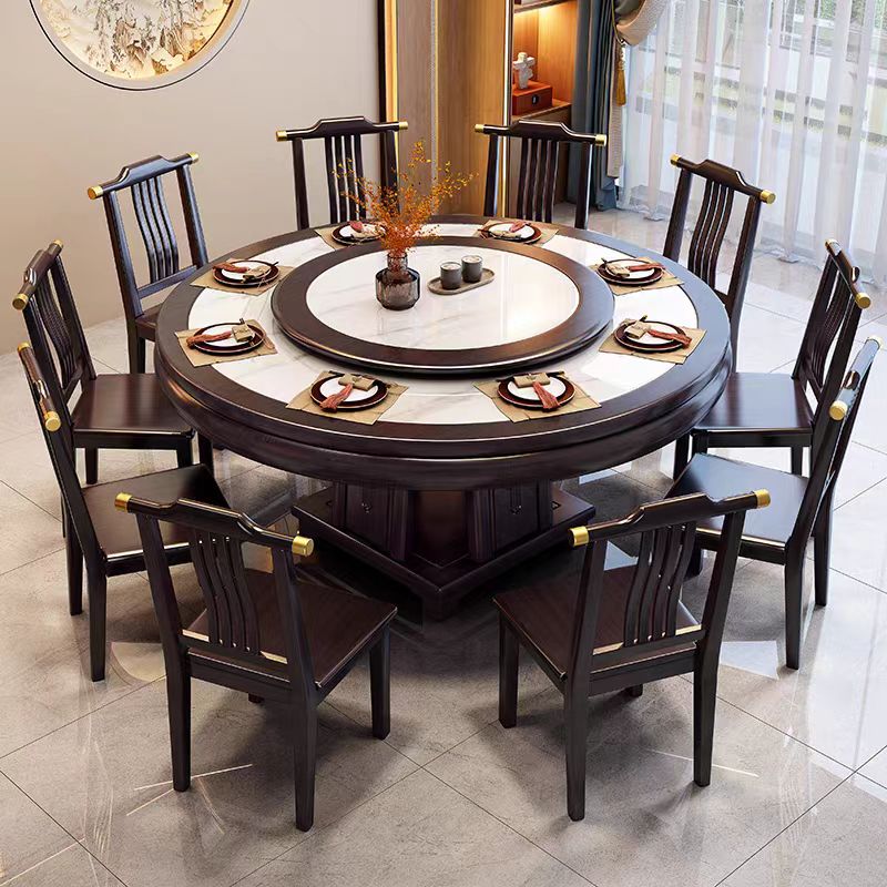 新中式实木岩板餐桌大圆桌可家用酒店饭店农庄商务用榫卯饭桌子