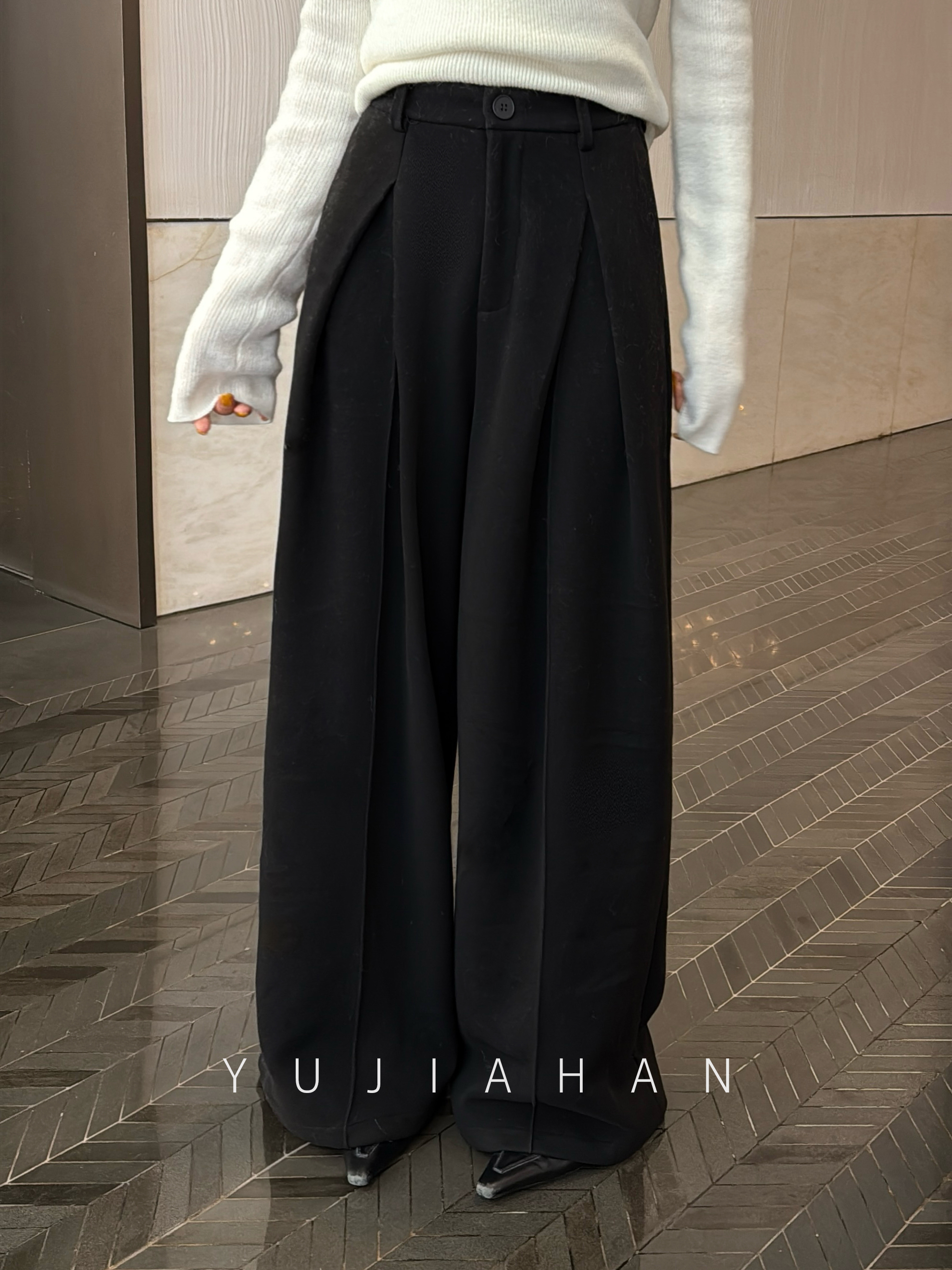 YUJIAHAN「垂感秘语」毛呢高腰黑色显瘦阔腿长裤冬季休闲裤女