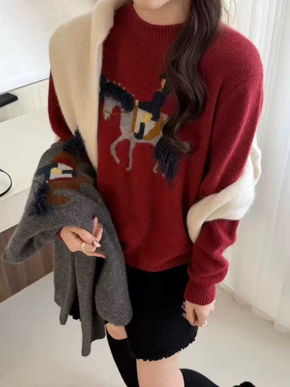 骑士小马//手工流苏设计感小马提花软糯针织套头毛衣120928