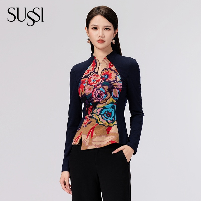 SUSSI/古色25秋冬新品黑色百搭高级印花收腰上衣女装